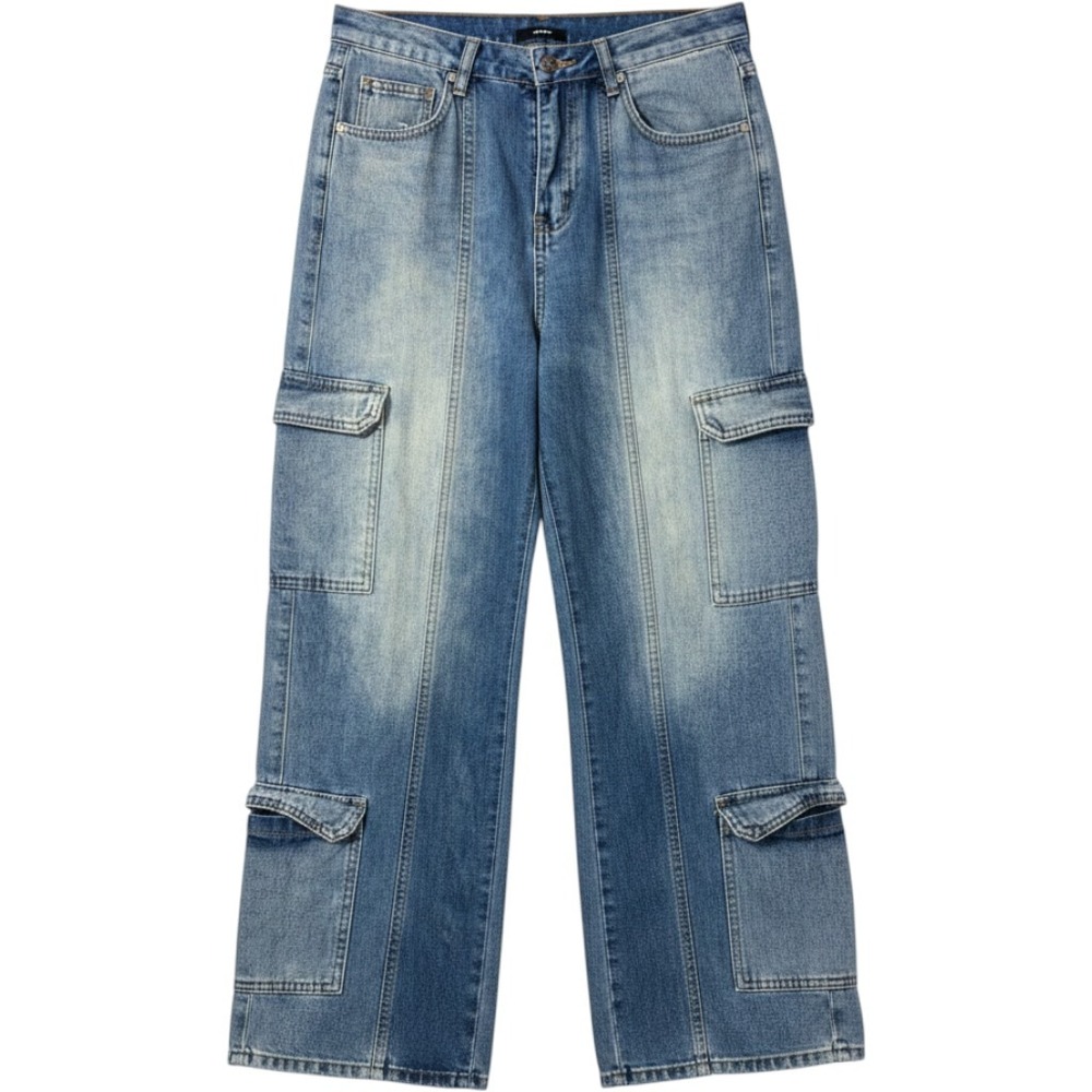 American Bazi Mens Medium Wash Cargo Jeans Paneled Utility Denim RJH-5988 Size S